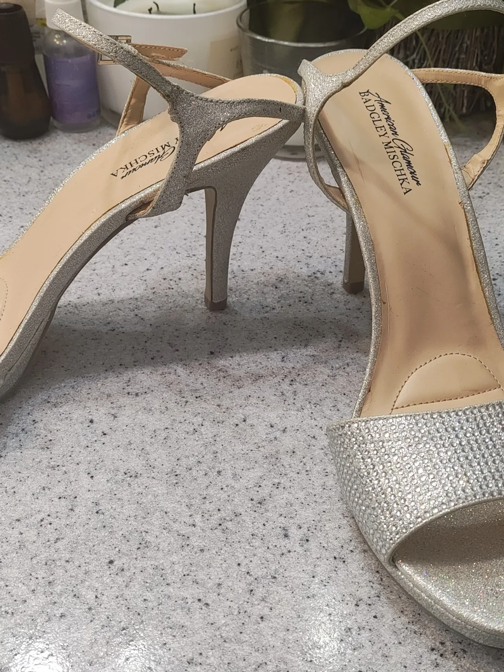 Badgley Mischka Silver Crystal Strap Open-Toe Heels